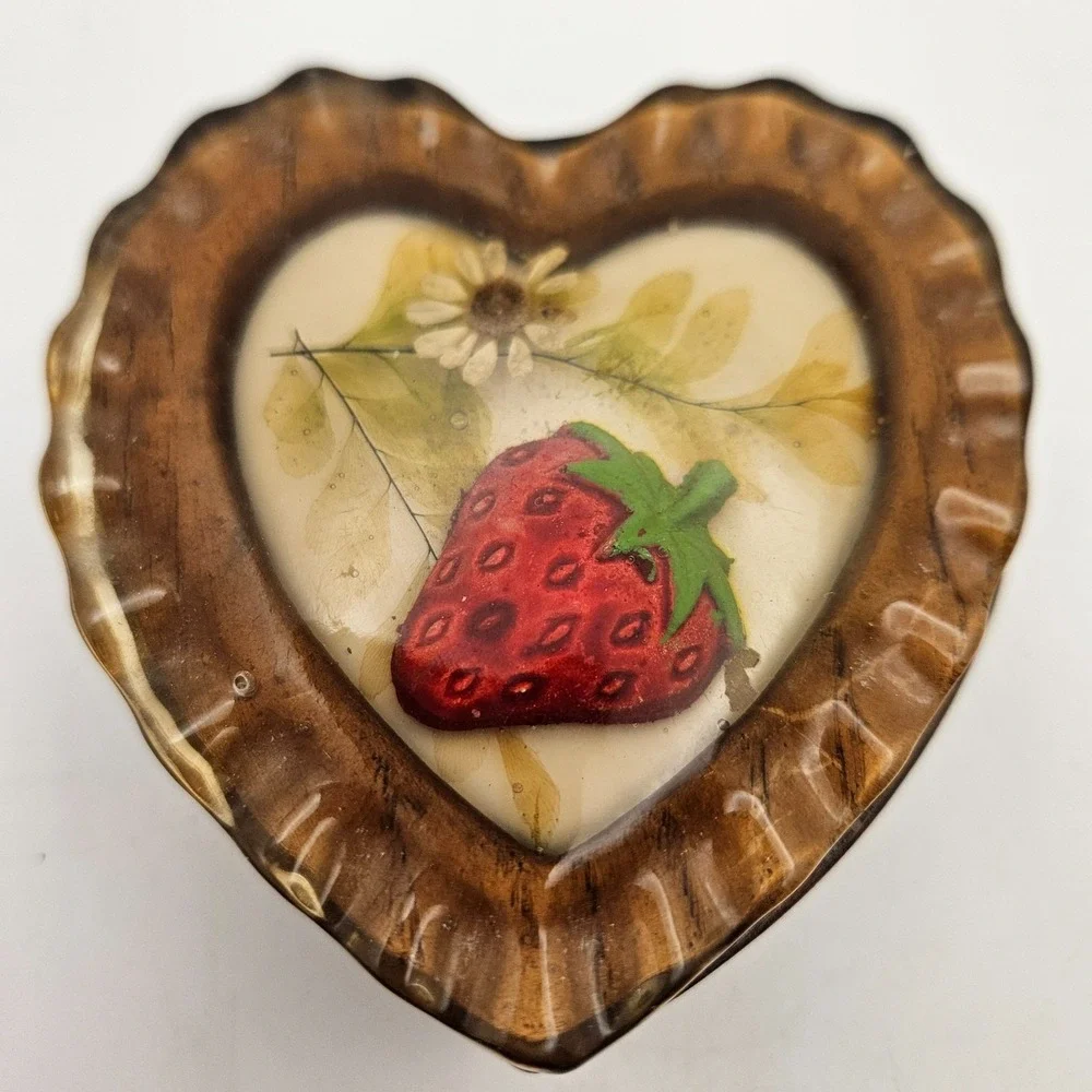 VTG Handmade Heart Shaped Wooden Trinket Box Strawberry Resin Lid Cottagecore